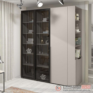 Шкаф распашной книжный прямой с витриной KomfortMebli Flex 1,4 м трехдверный Кашемир