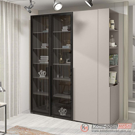 Шкаф распашной книжный прямой с витриной KomfortMebli Flex 1,4 м трехдверный Кашемир