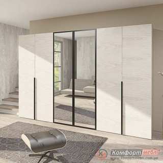 Шкаф распашной прямой KomfortMebli Flex 2,6 м шестидверный Дуб беленый Зеркало