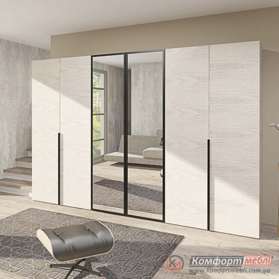 Шафа розпашна пряма KomfortMebli Flex 2,6 м шестидверна Дуб білений Дзеркало