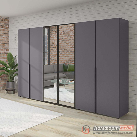 Шафа розпашна пряма KomfortMebli Flex 2,6 м 6 дверна Графіт Дзеркало